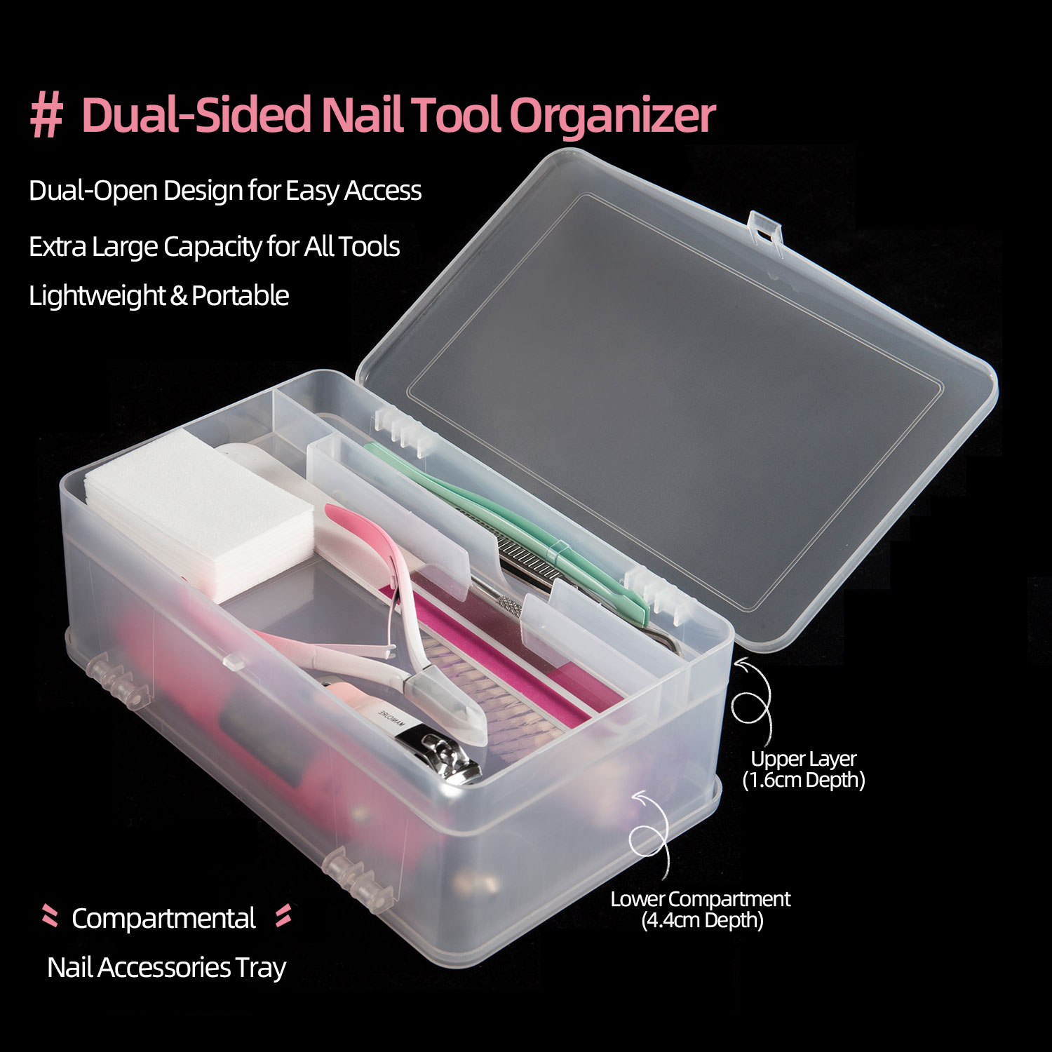 Nail Fan Brush - ネイルツール、ジェルポリッシュ、空のネイルアートオーガナイザー、ブラシ、ファイル、マニキュア容器用の2段式大容量PP収納ボックス（両開き）
