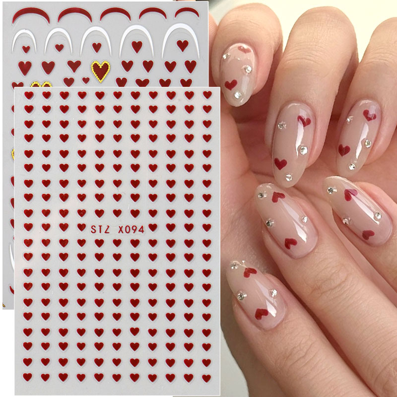 Nail Art Valentine - 2 個ミニラブハートネイルアートステッカーデカールかわいいバレンタインデザイン 3D 粘着スライダーシンプルなフレンチマニキュアデコレーションヒント