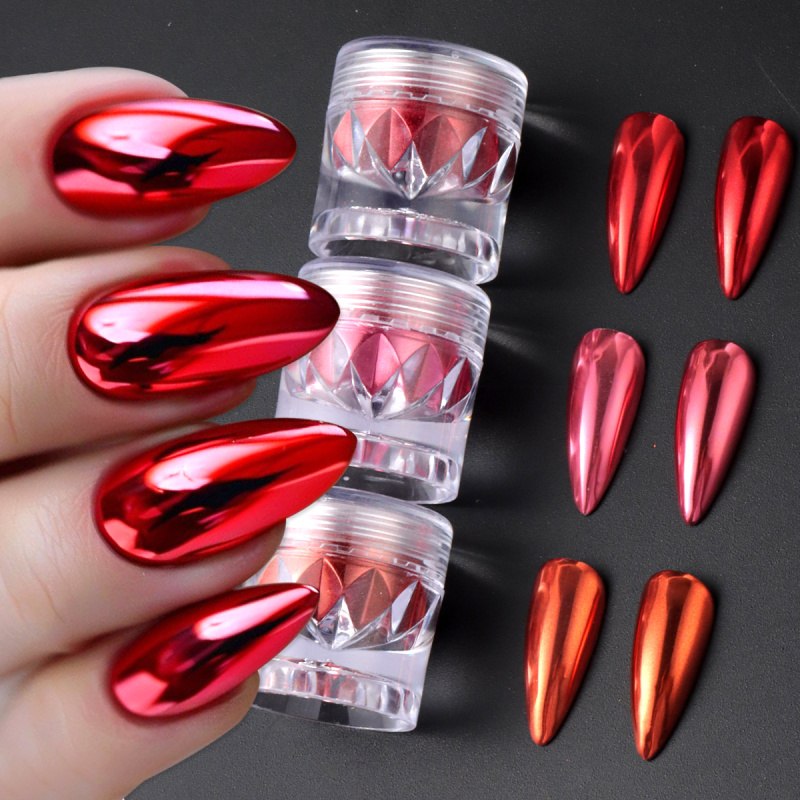 Nail Art Valentine - クロムレッドピンクネイルグリッターパウダーマジックミラーメタリック摩擦顔料フレークダスト新年バレンタインネイルアートデコレーション