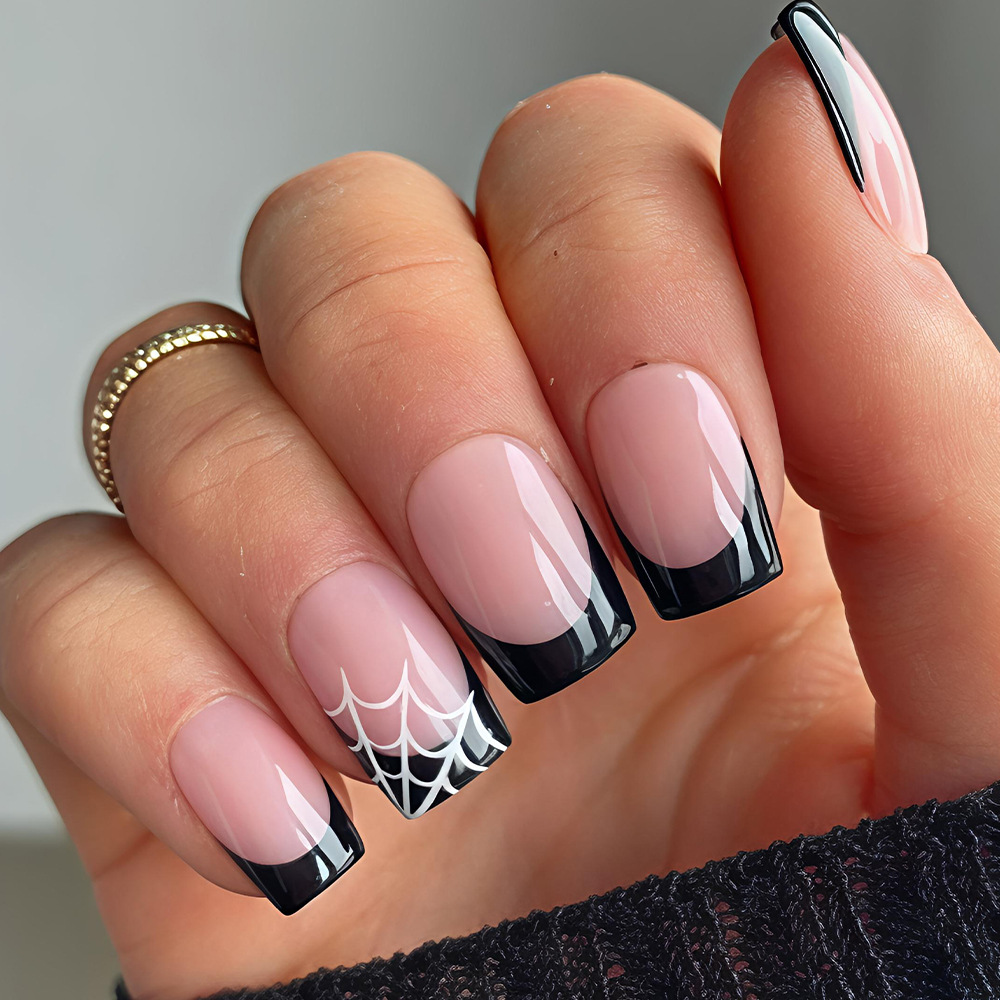 Nail Art Fake - 24枚入り ハロウィンつけ爪 ピンク 可愛いゴースト スパイダーウェブ フェイクネイル