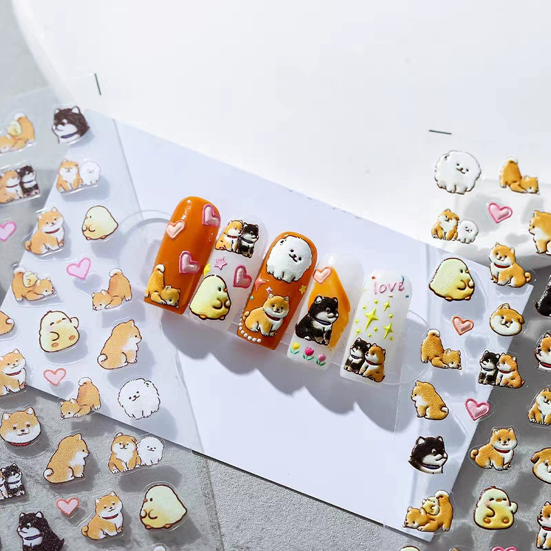 Nail Art Yellow - かわいい漫画の黄色いアヒルと犬の3Dレリーフステッカー、ミニデカール、アートネイル、スマホケース、カメラ、愛らしいスクラップブック、ジャーナルデコレーション用