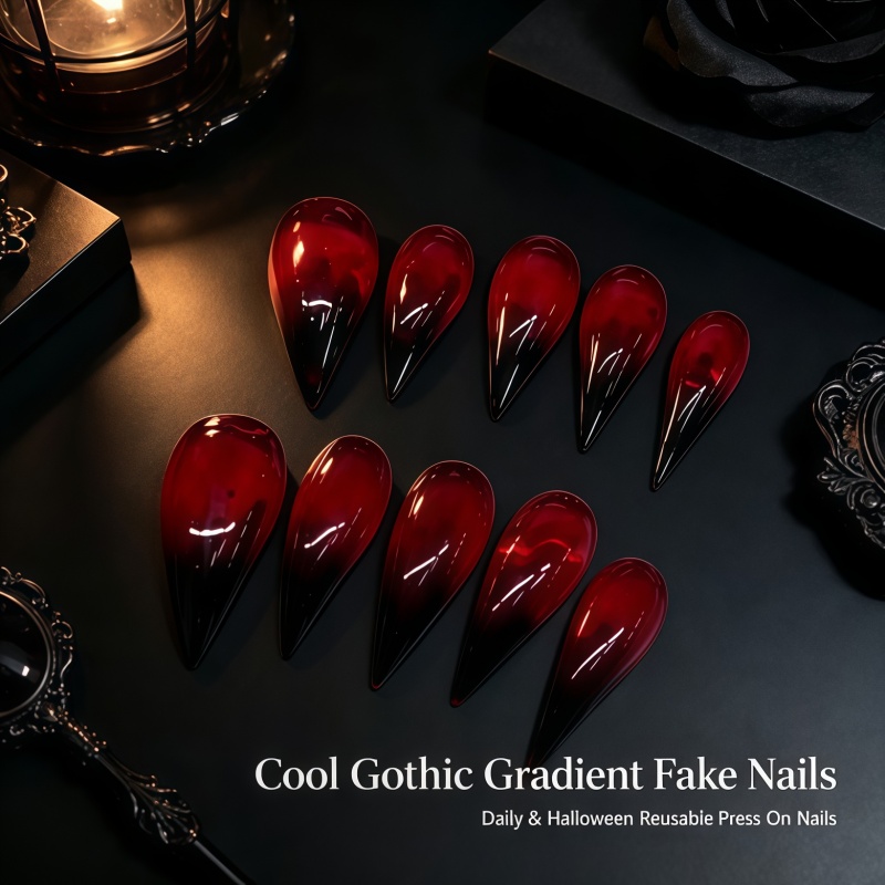 Nail Art Vampire - 2026年新作 超ロング ヴァンパイアレッドとブラックの血色グラデーションフェイクネイル、ゴシックパンク光沢のある透明なシャープな爪 10個セット