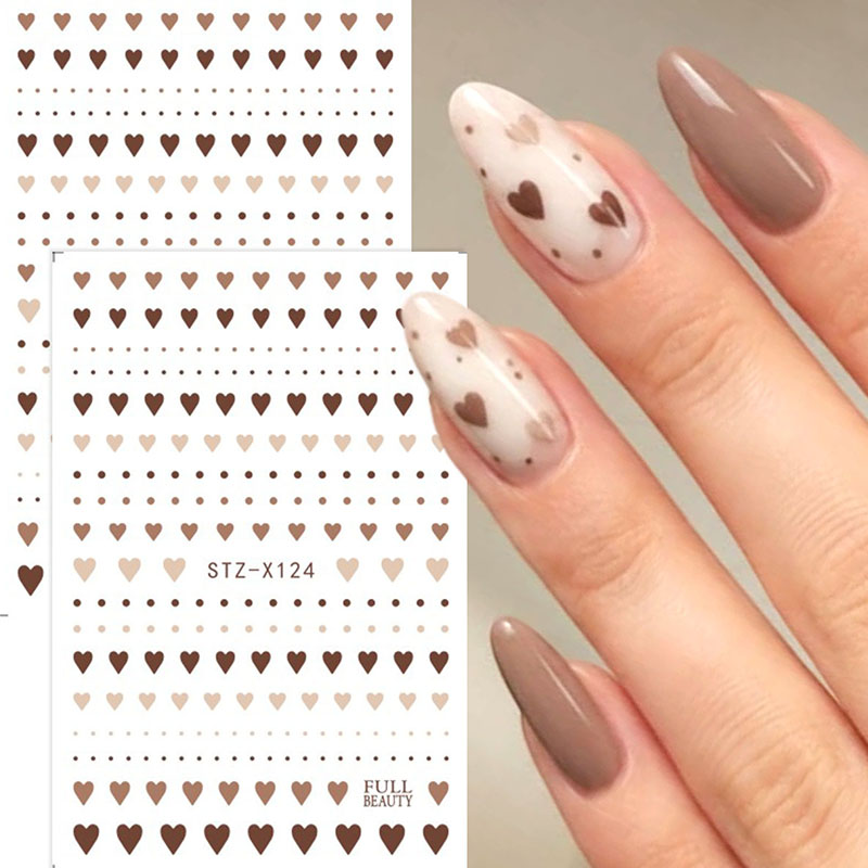 Nail Art Valentine - 2枚入りキュートなブラウンハートポルカドットネイルアートステッカー、ミニラブハートスライダーデカール、秋のウェディングやバレンタインネイルデザインの装飾に