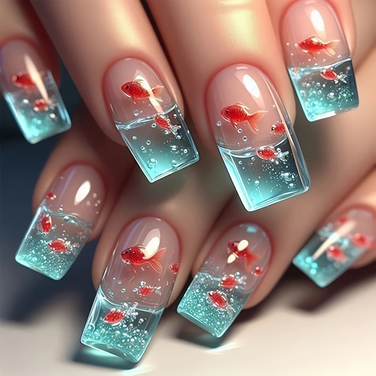 Nail Art Yellow - 女性用ミディアムロングスクエアフェイクネイル、夏の青い水魚柄、黄赤カラー、フルカバープレスオンアクリルつけ爪ネイルアート