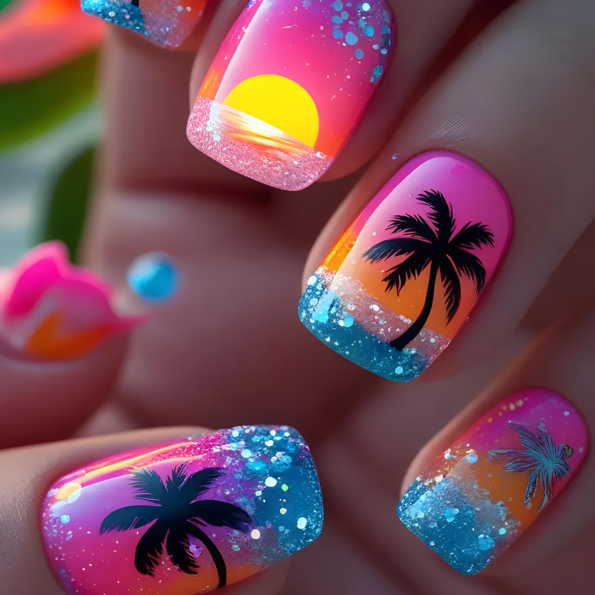 Nail Art Yellow - 24枚セット ショート・ミディアム・ロング フェイクネイル グラデーション パープル・イエロー・ブルー サンセット
