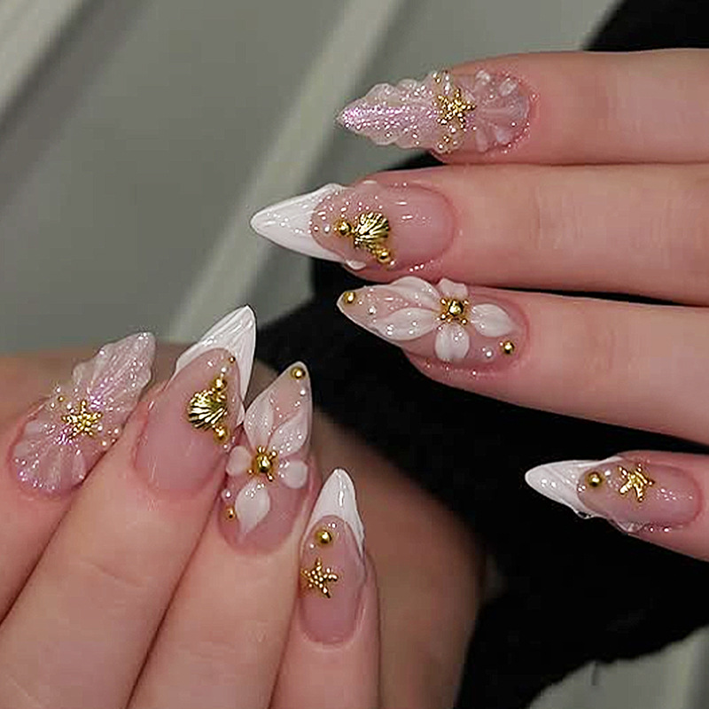 Nail Art Fake - 24枚入り完成品アーモンド型プレスオンネイルアート、再利用可能なスイートフラワーピンクロングフェイクネイルセット、シェルパールデザインのフェイクネイルチップ付き