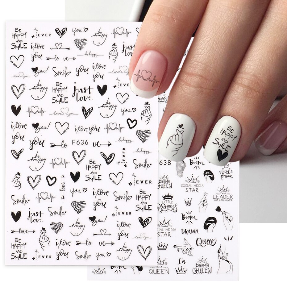 Nail Art Valentine - ネイルアートステッカー2個ハートラブデザイン3Dネイルアートステッカー英文字クールな女の子フェイススライダーバレンタインデーマニキュア