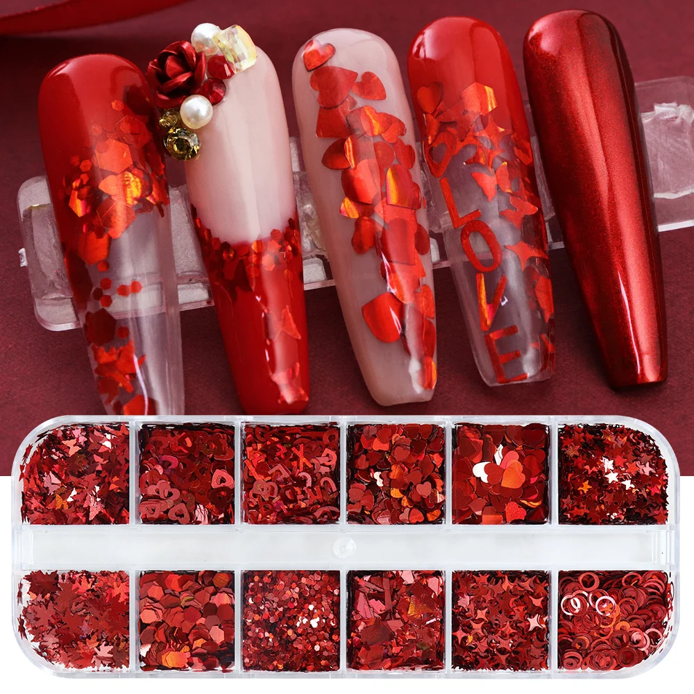 Nail Art Valentine - ホログラフィックグリッターフレーク,ハート,バタフライスパンコールのミックス,マニキュアのための赤いフレーク