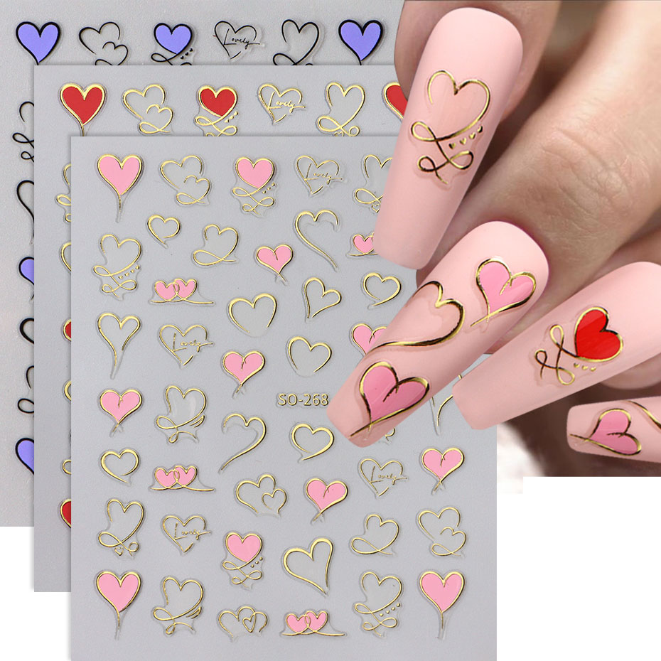 Nail Art Valentine - 3 個 Y2K ゴールドウェーブラインハートデカール 3D レッドピンクゴールデン愛デザインネイルステッカー粘着バレンタイン甘いネイルマニキュアスライダー
