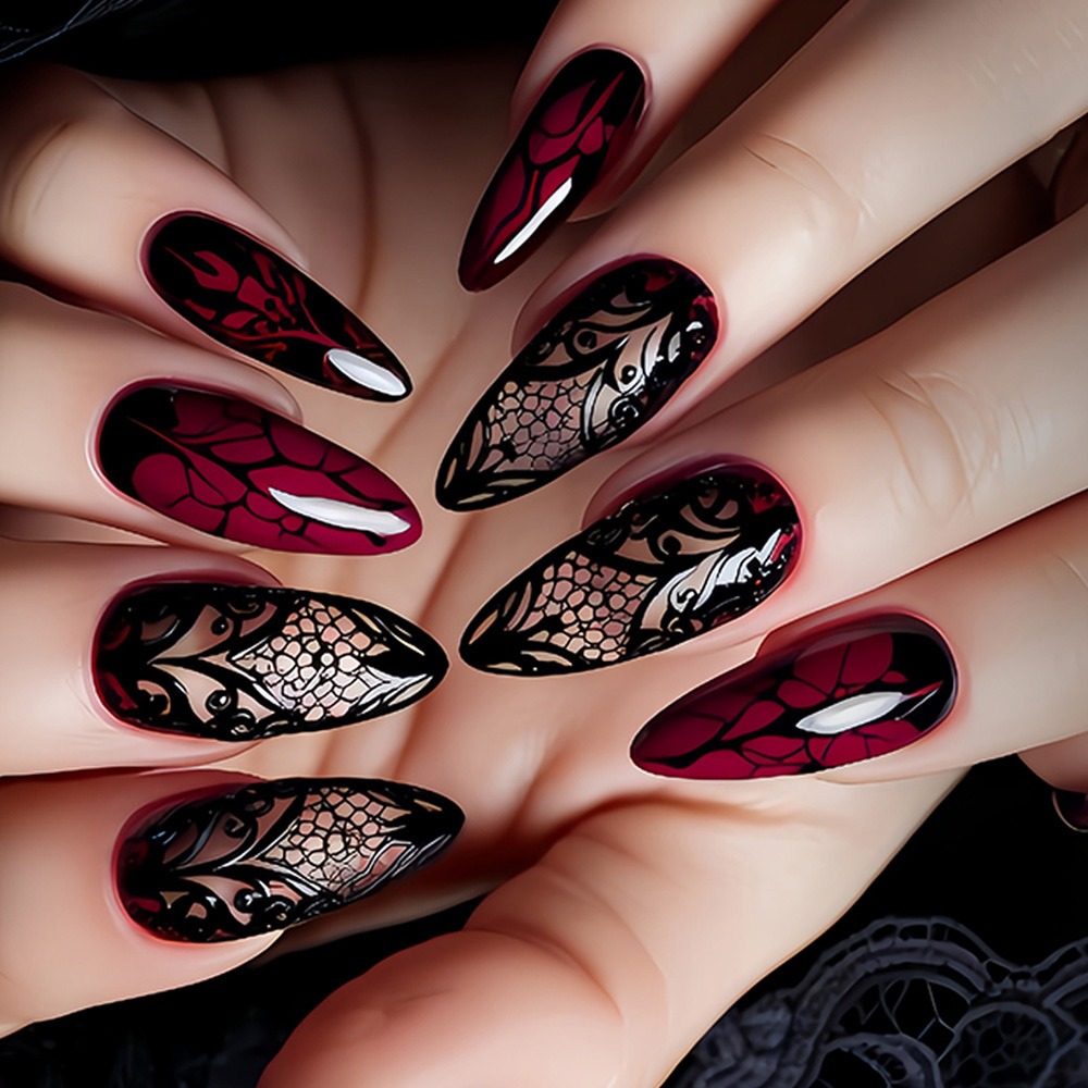 Nail Art Fake - 女性用ミディアムサイズのつけ爪、ダークレッドとブラックのフローラルプリント、アーモンド型のネイルチップ、フルカバーのプレスオン式つけ爪、ネイルアートセット