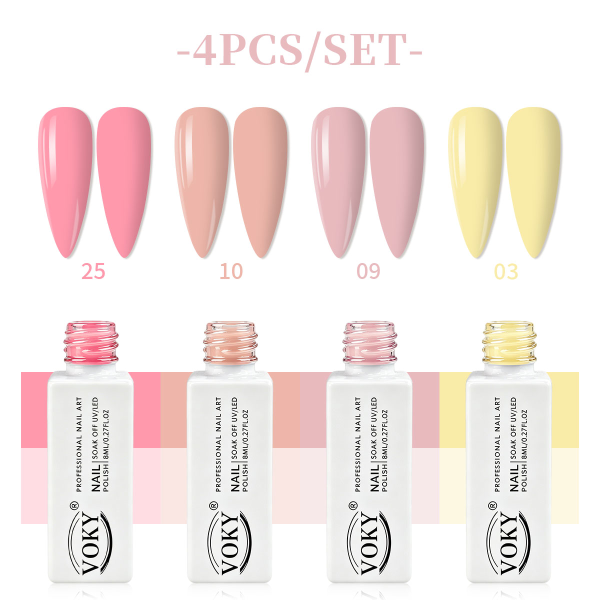 Nail Art Yellow - VOKY 4ピースヌードピンククリームイエロージェルネイルポリッシュセット、UV LEDセミパーマネントネイルジェル、光沢のあるナチュラルネイルポリッシュ、塗りやすく長持ちするネイルアートセット、サロンでのDIY、春のオフィス、日常のマニキュアに最適。