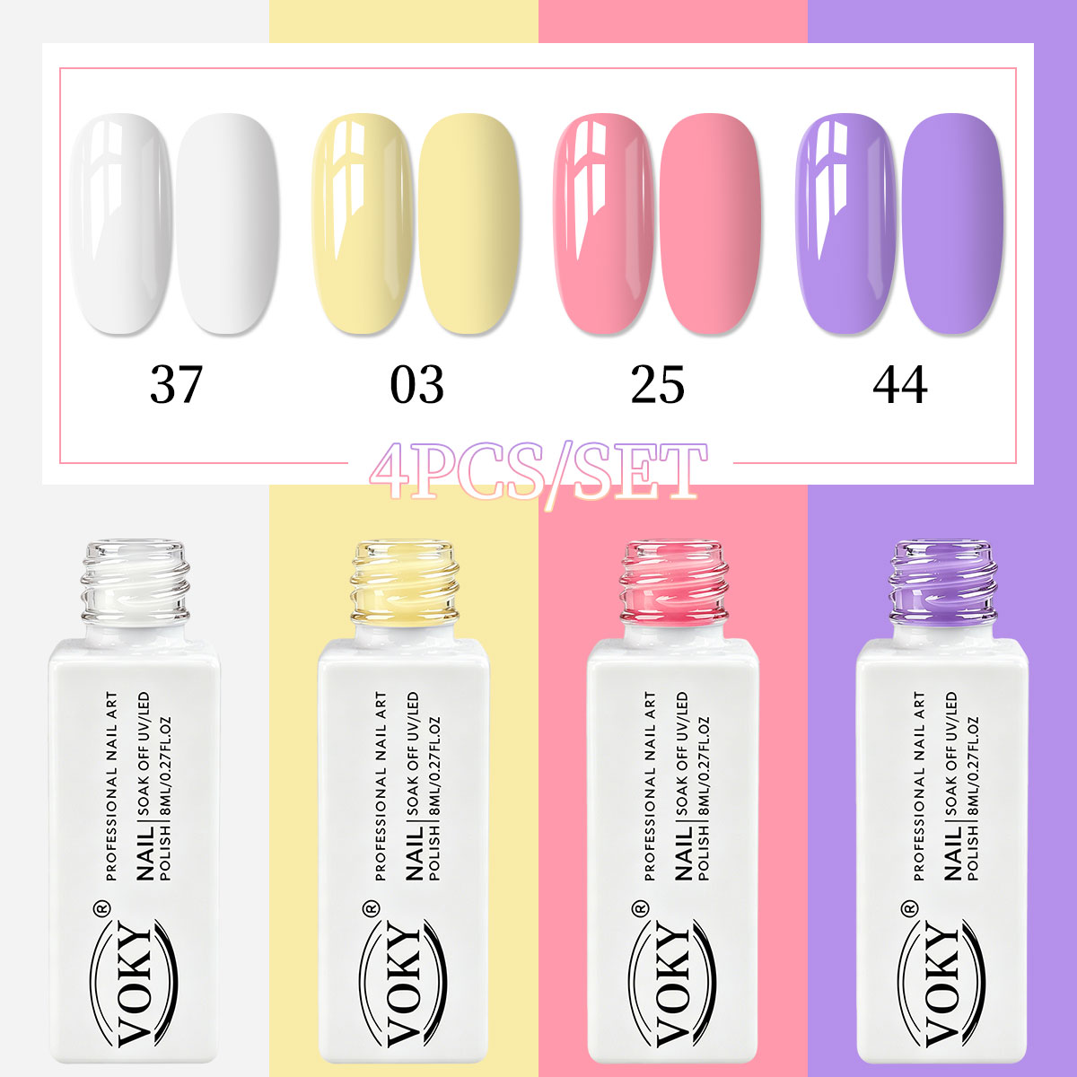 Nail Art Yellow - VOKY 4ピースマカロンエレガントソリッドカラージェルネイルポリッシュセット、ホワイト、イエロー、ピンク、パープル、取り外し可能なUV LEDセミパーマネントネイルジェル、高彩度、塗りやすい、長持ちするネイルアートセット、春と夏のサロンDIYや日常ネイルに最適