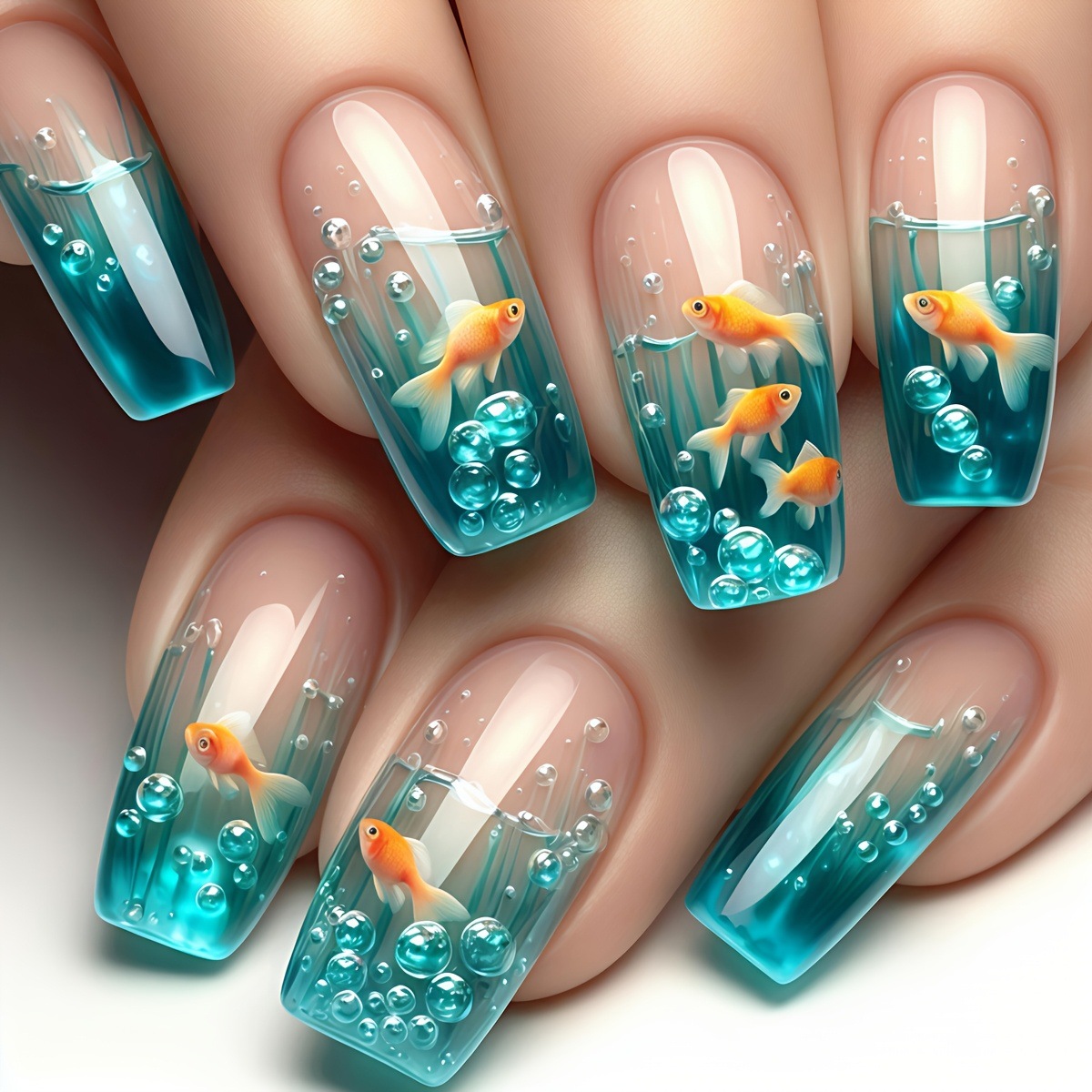 女性用ミディアムロングスクエアフェイクネイル、夏の青い水魚柄 - Nail Art Yellow のレビューと価格