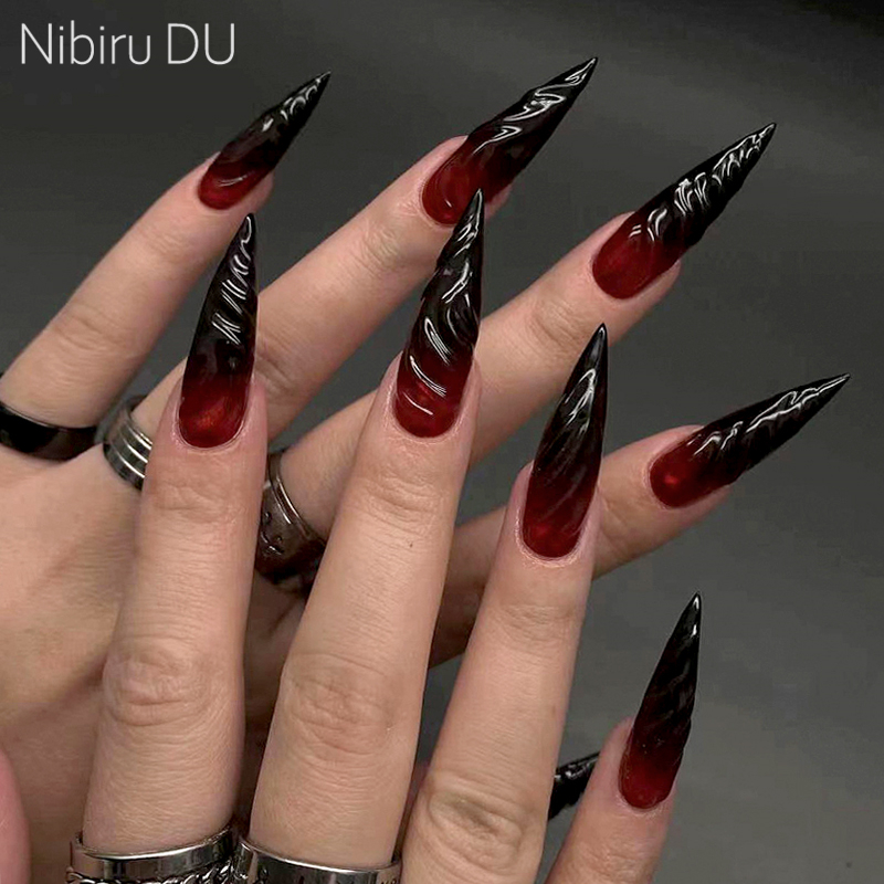24 個ハロウィンブラッドプレス爪セットロング棺光沢のあるア - Nail Art Vampire のレビューと価格