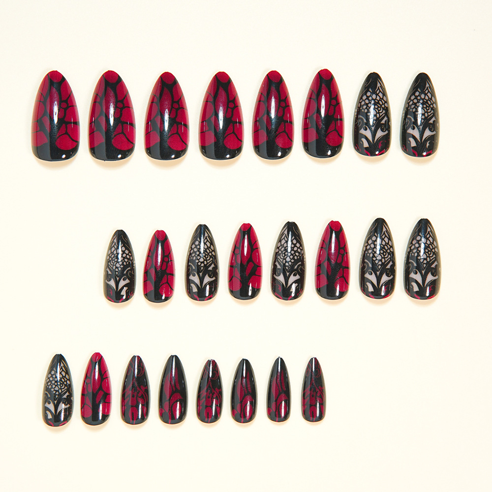 女性用ミディアムサイズのつけ爪、ダークレッドとブラックのフロ - Nail Art Fake のレビューと価格