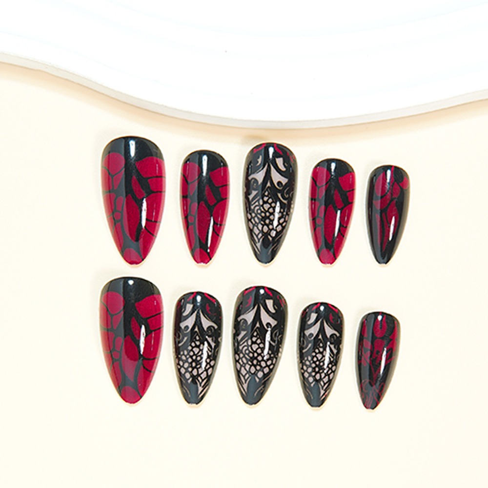 女性用ミディアムサイズのつけ爪、ダークレッドとブラックのフロ - Nail Art Fake のレビューと価格