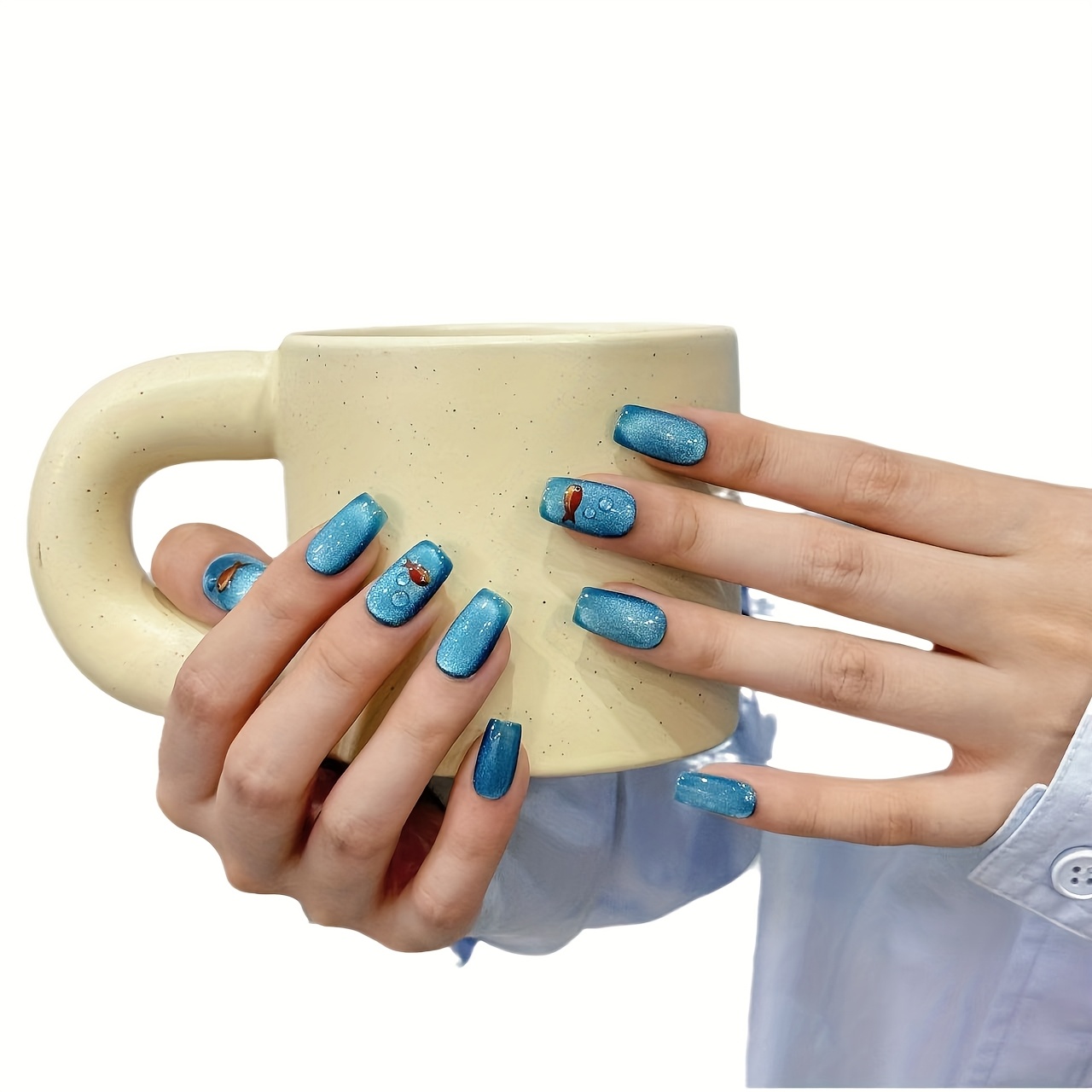 10個入り高級純手作りネイル、キュートなショートブルーガラス - Nail Art Yellow のレビューと価格